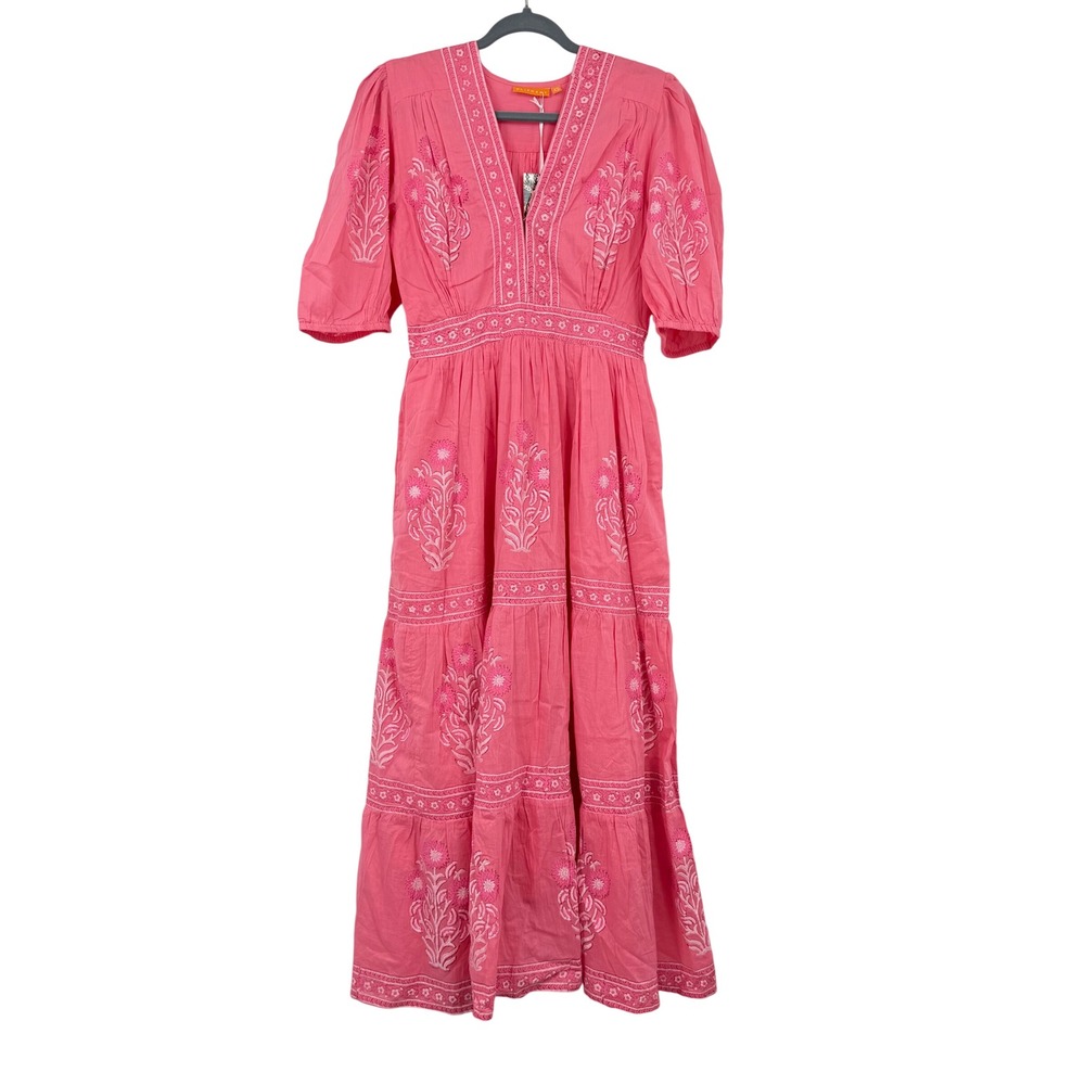 Oliphant Raton Pink V-Neck Puffed Sleeve Maxi Dress XS